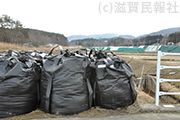 飯舘村内各地に置かれたままの汚染土壌が入った袋写真